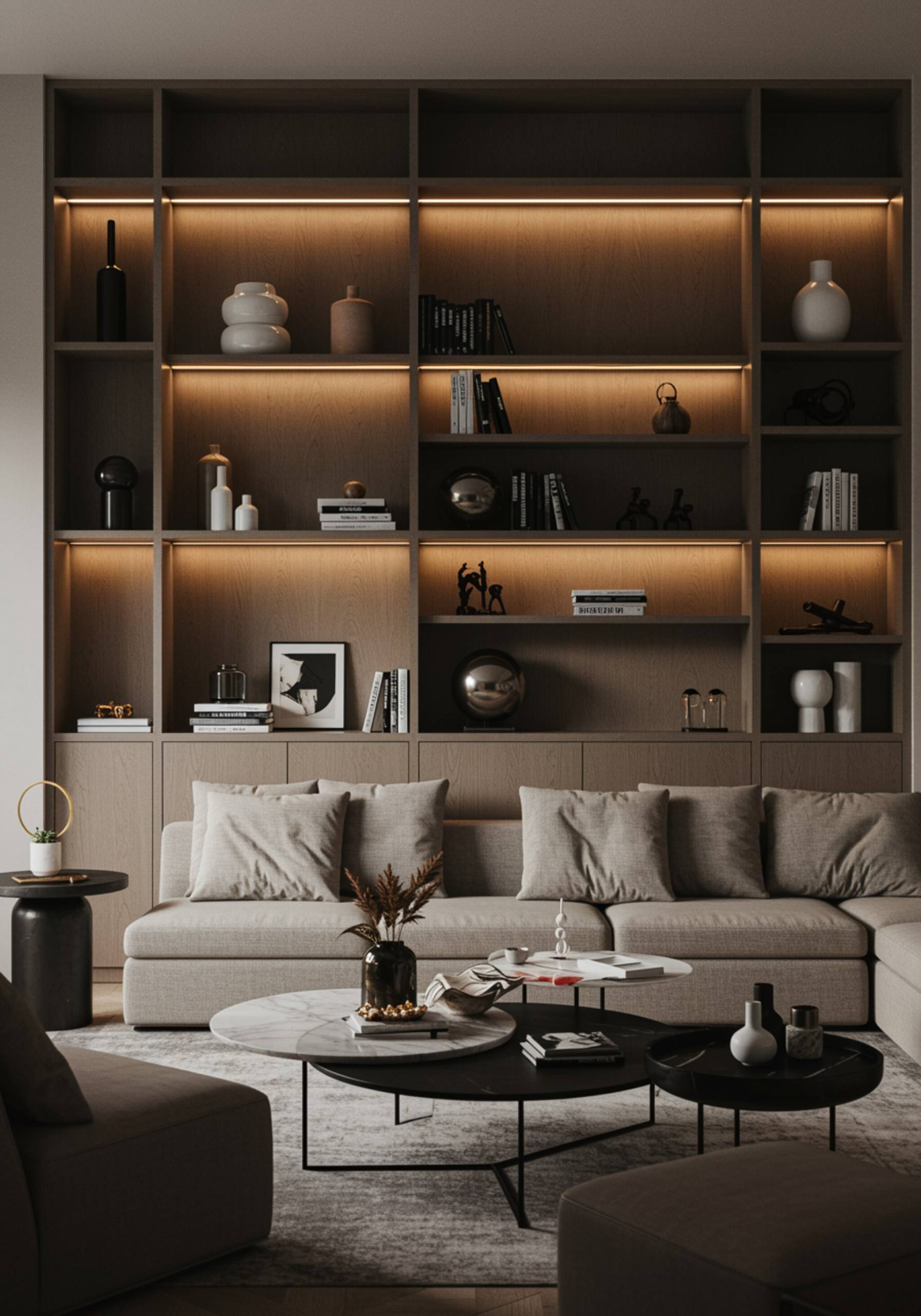 "Salón moderno y remodelado con muebles de alta calidad, paleta de colores neutros y estanterías empotradas iluminadas, destacando la artesanía excepcional."