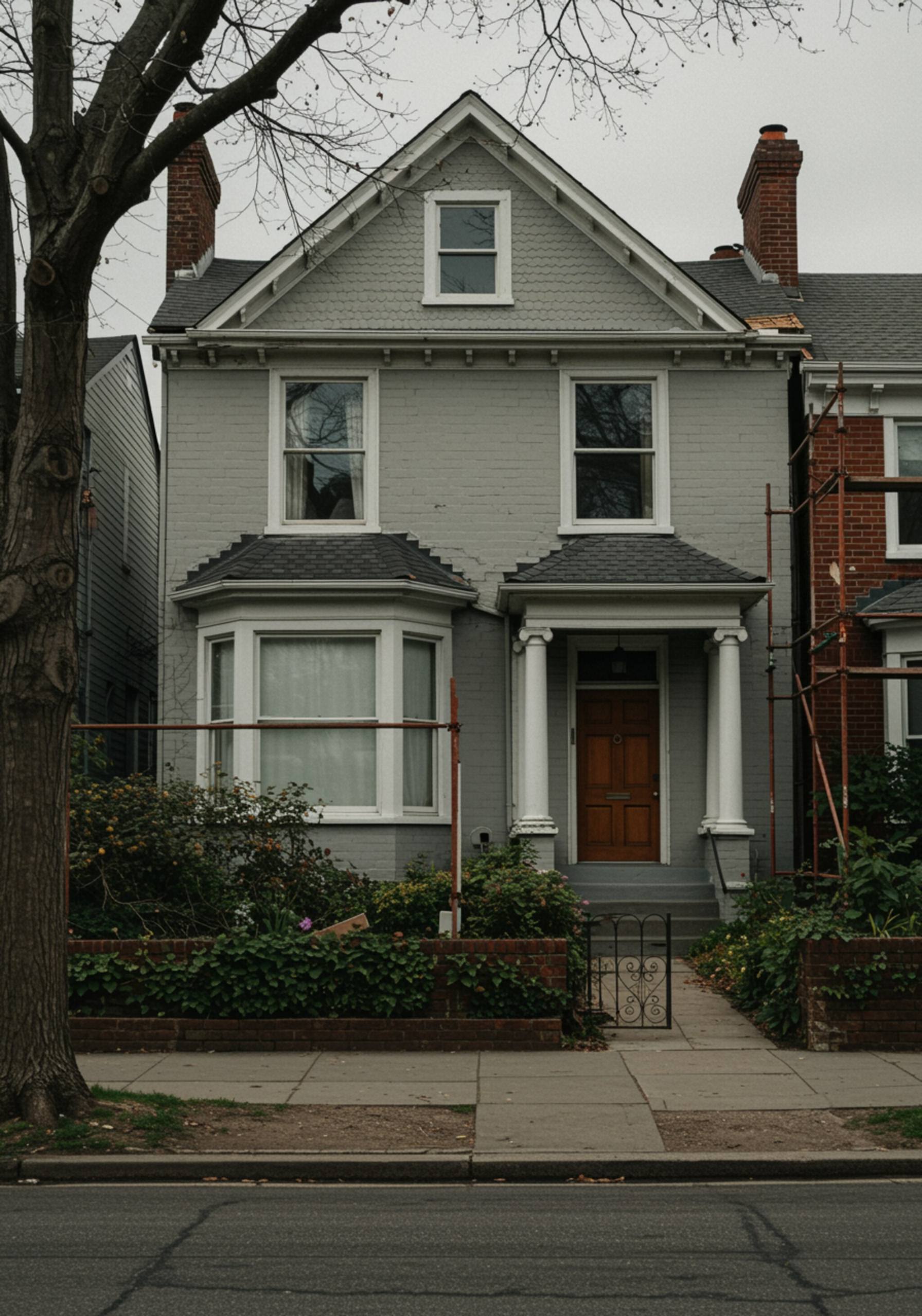 "Renovación exterior de casa clásica con pintura fresca, paisajismo actualizado y entorno ordenado bajo un cielo claro, destacando calidad y atención al detalle."