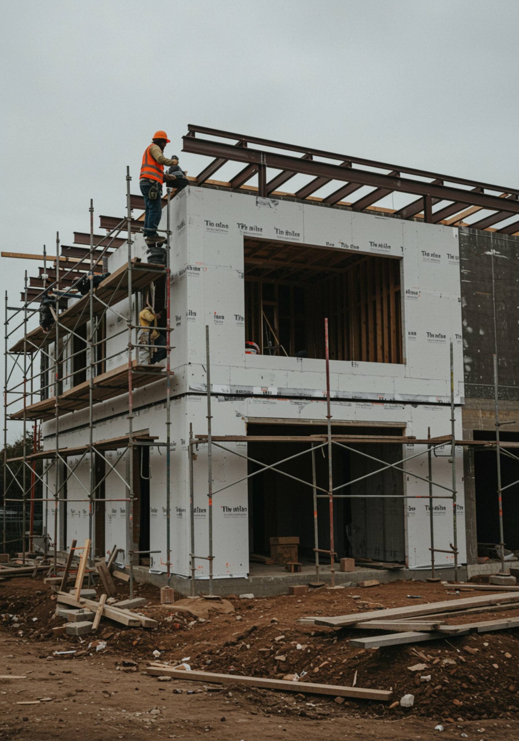 "Proyecto de construcción de una moderna casa unifamiliar con vigas de acero expuestas y paneles exteriores blancos, capturada desde un ángulo dinámico."