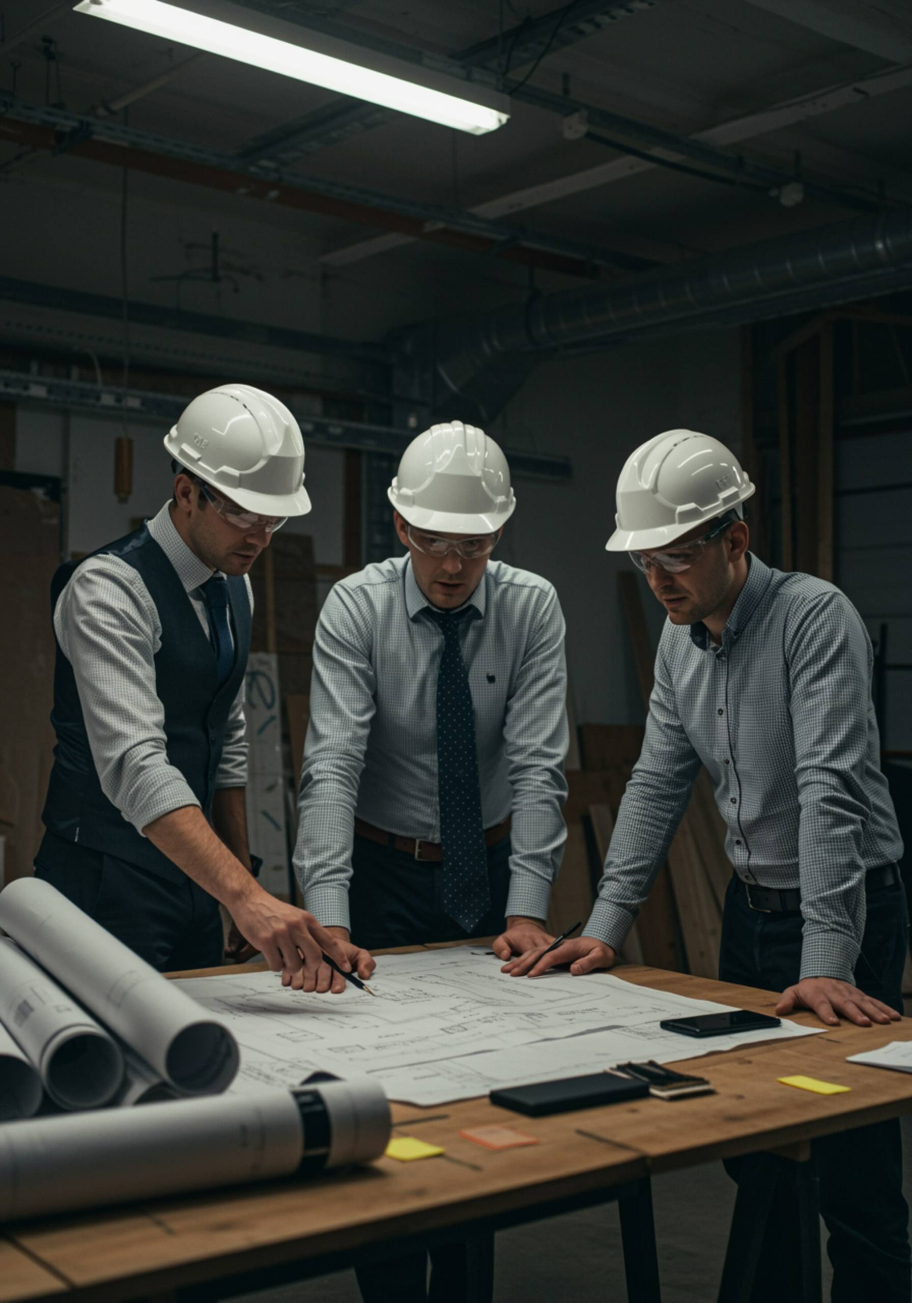 "Foto de tres especialistas en construcción y renovación revisando planos en una oficina con estilo industrial, ideal para la sección 'Sobre Nosotros' de una empresa."